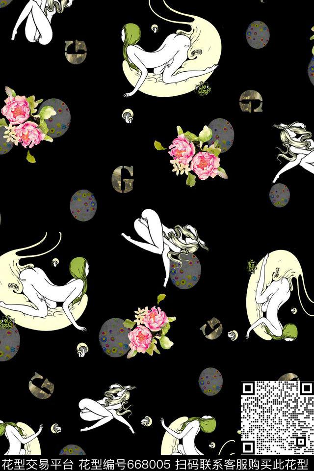 时尚花抽象人物几何数码印花华亿平台下载（图片编号: 668005） - 瓦栏（Walan）