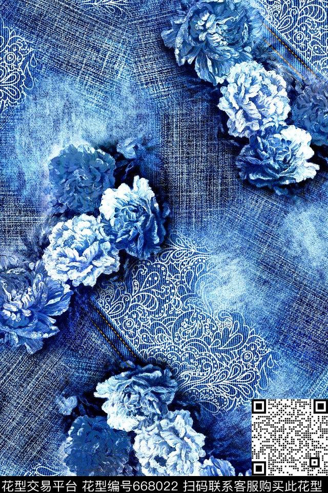 牛仔布油画蕾丝数码印花华亿平台下载（图片编号: 668022） - 瓦栏（Walan）