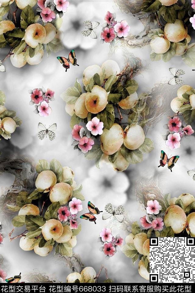 水果。蝴蝶花朵花卉数码印花华亿平台下载（图片编号: 668033） - 瓦栏（Walan）