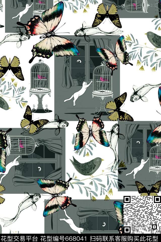 几何。蝴蝶数码印花华亿平台下载（图片编号: 668041） - 瓦栏（Walan）