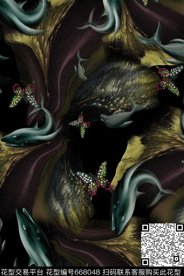 抽象肌理海豚昆虫数码印花华亿平台下载（图片编号: 668048） - 瓦栏（Walan）