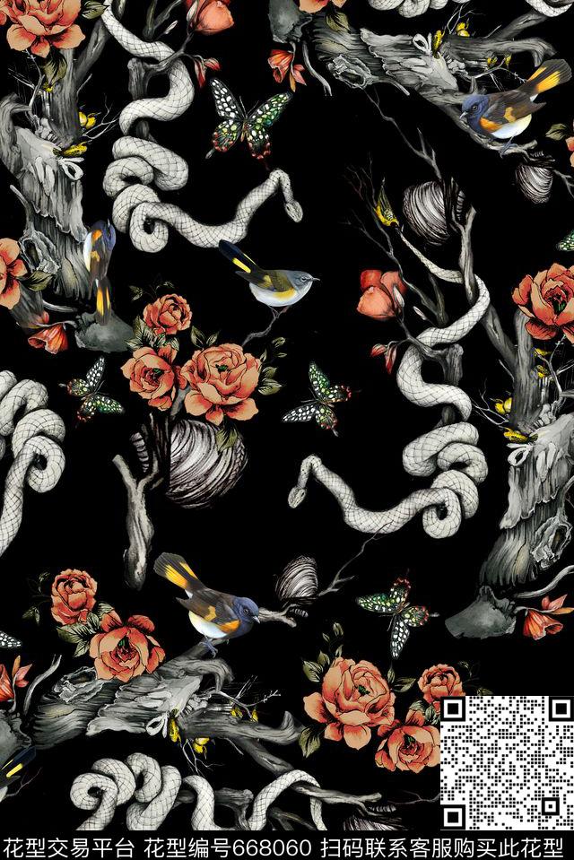 花卉抽象肌理热带数码印花华亿平台下载（图片编号: 668060） - 瓦栏（Walan）