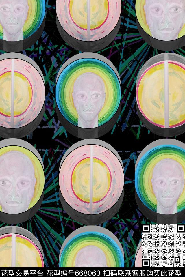 抽象人物圆形几何数码印花华亿平台下载（图片编号: 668063） - 瓦栏（Walan）