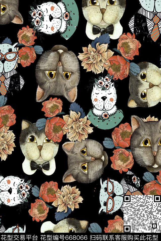 猫花卉卡通数码印花华亿平台下载（图片编号: 668066） - 瓦栏（Walan）