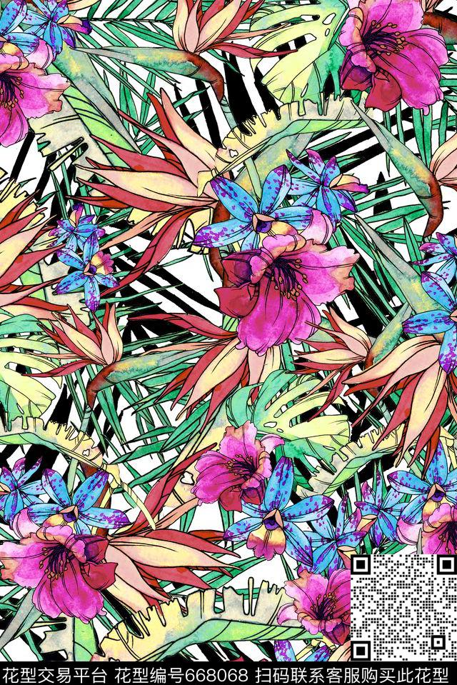 热带花卉天堂鸟花数码印花华亿平台下载（图片编号: 668068） - 瓦栏（Walan）