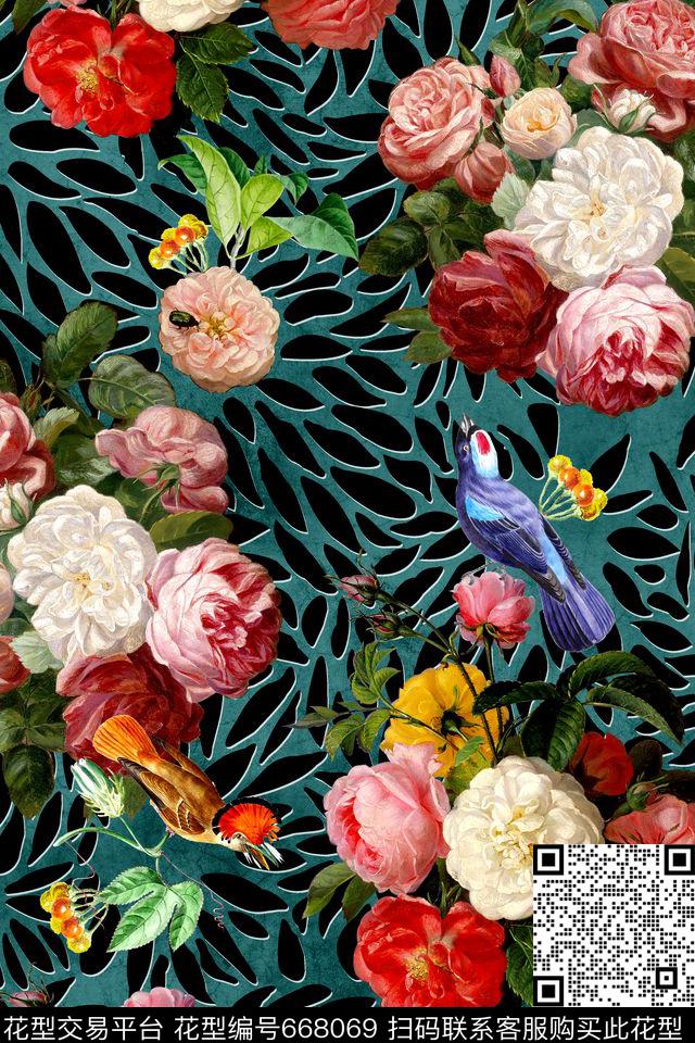 时尚手绘花卉数码印花华亿平台下载（图片编号: 668069） - 瓦栏（Walan）