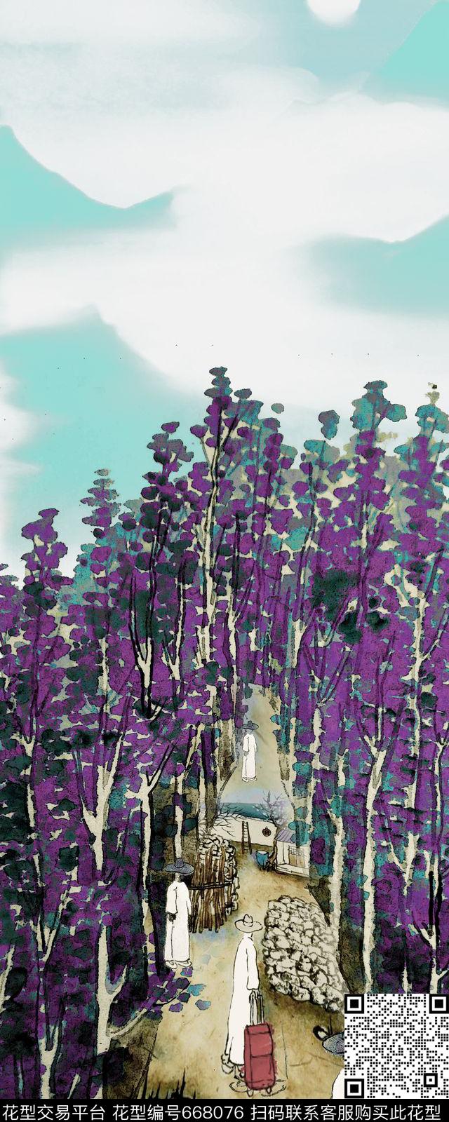 中国风人物风景数码印花华亿平台下载（图片编号: 668076） - 瓦栏（Walan）