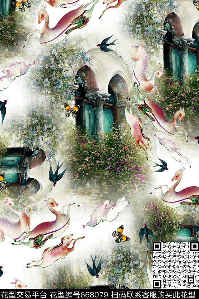 欧式城堡小鹿热带数码印花华亿平台下载（图片编号: 668079） - 瓦栏（Walan）