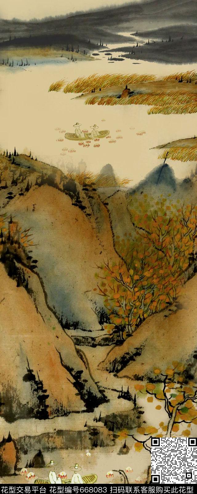 中国风水墨山水风景数码印花华亿平台下载（图片编号: 668083） - 瓦栏（Walan）