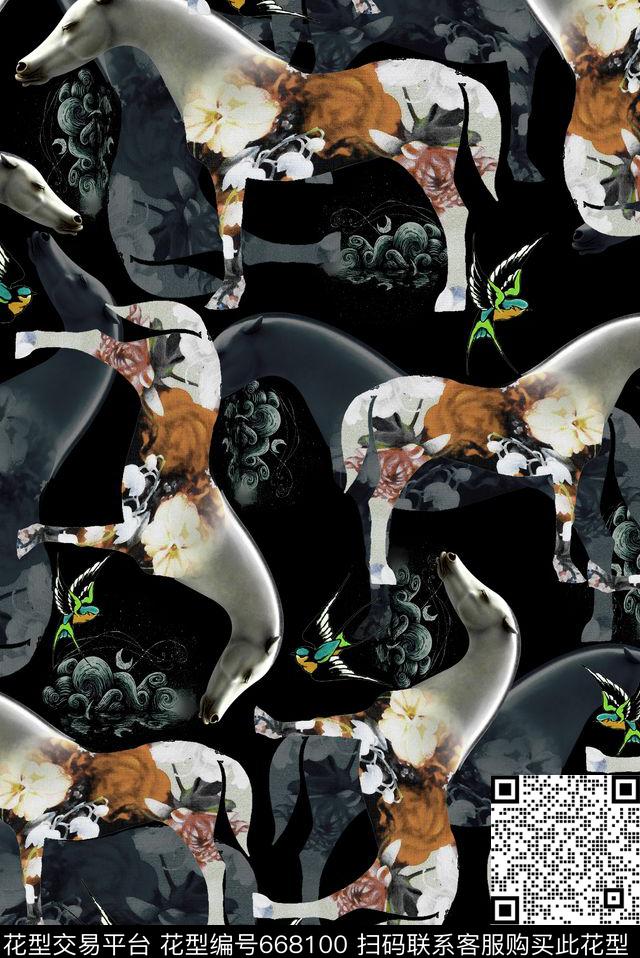 马踏飞燕飞鸟动物纹数码印花华亿平台下载（图片编号: 668100） - 瓦栏（Walan）