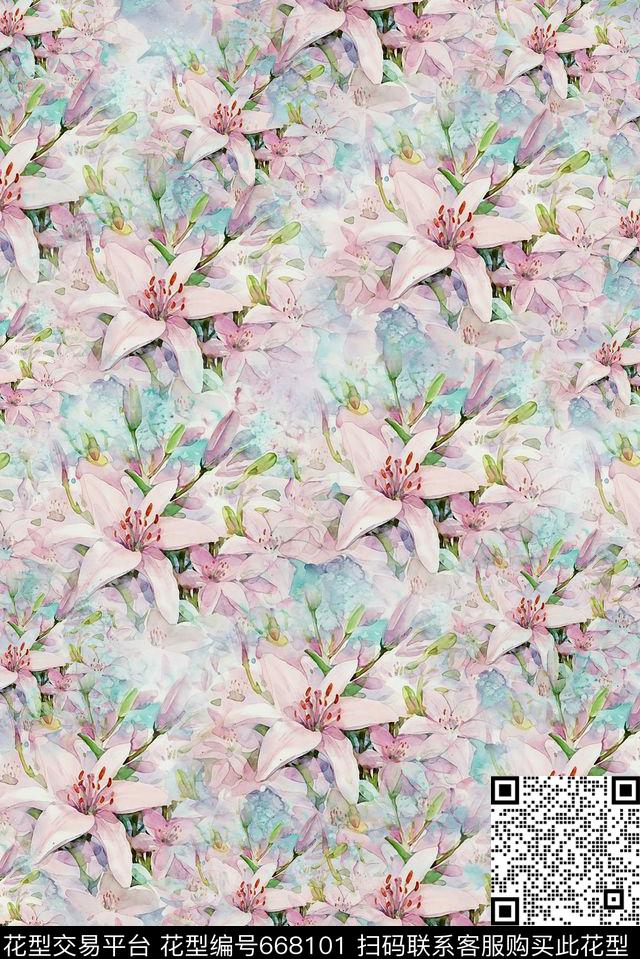创意百合花卉数码印花华亿平台下载（图片编号: 668101） - 瓦栏（Walan）