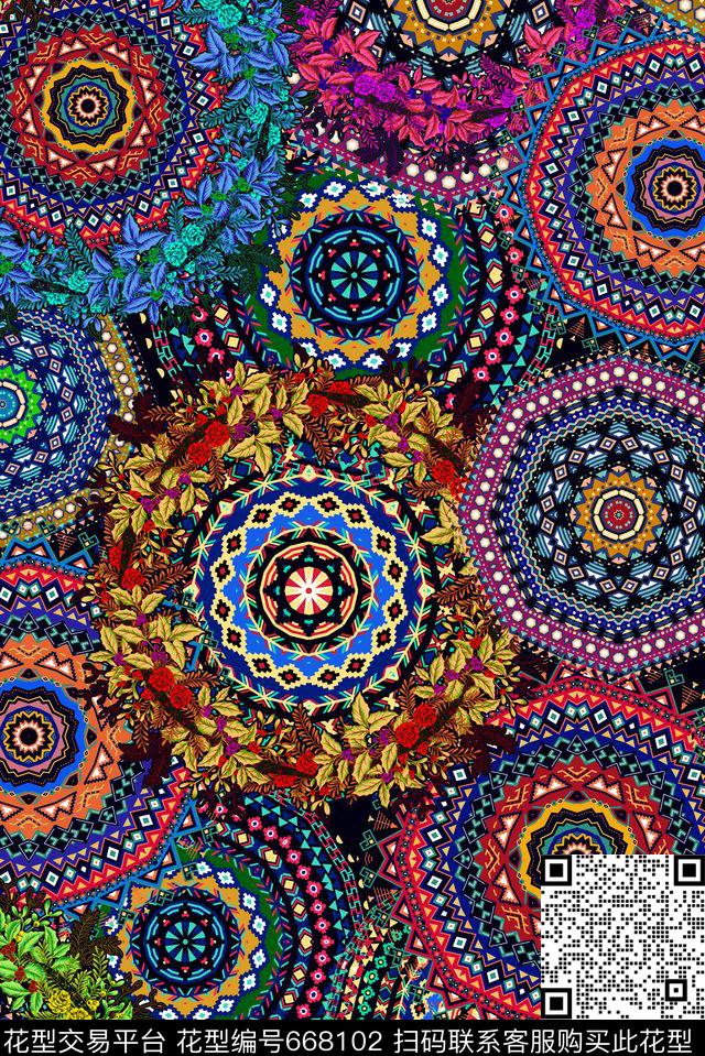 民族风复古几何数码印花华亿平台下载（图片编号: 668102） - 瓦栏（Walan）