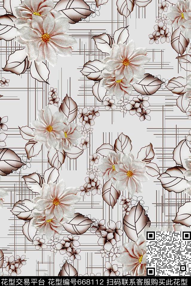 花卉拼贴格子数码印花华亿平台下载（图片编号: 668112） - 瓦栏（Walan）