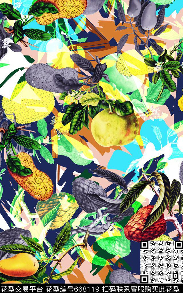 水果热带风芒果数码印花华亿平台下载（图片编号: 668119） - 瓦栏（Walan）