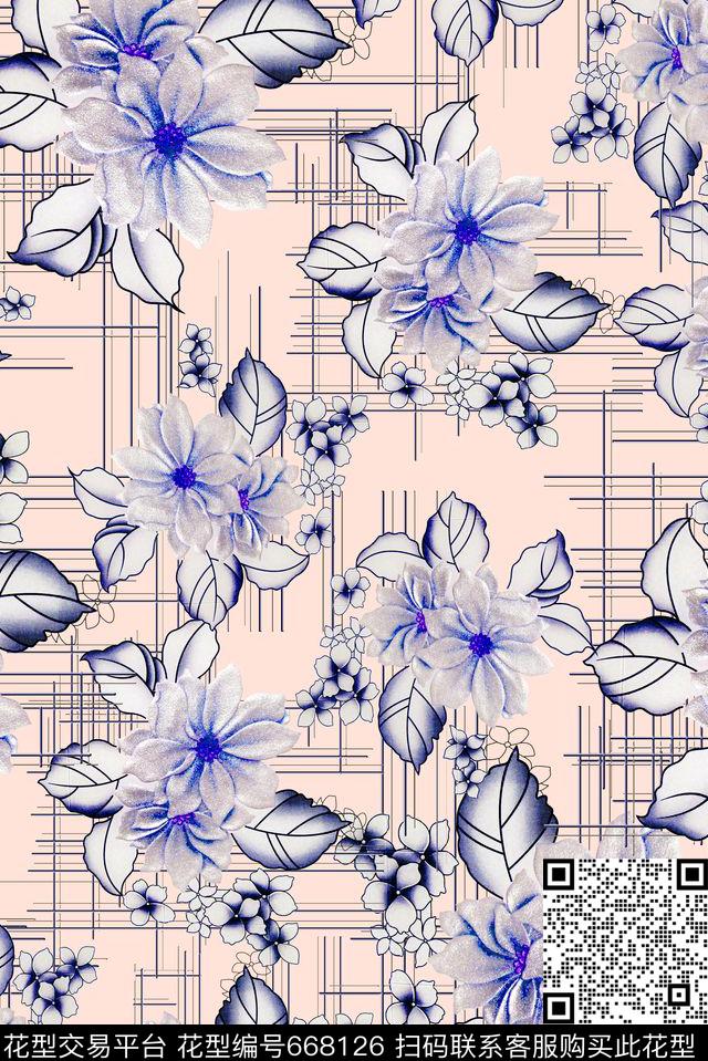 花卉拼贴格子数码印花华亿平台下载（图片编号: 668126） - 瓦栏（Walan）