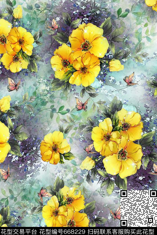 花朵水彩花卉数码印花华亿平台下载（图片编号: 668229） - 瓦栏（Walan）