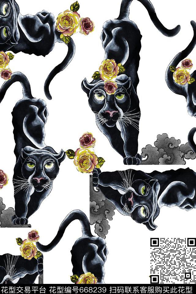 黑豹下山豹纹水墨风数码印花华亿平台下载（图片编号: 668239） - 瓦栏（Walan）