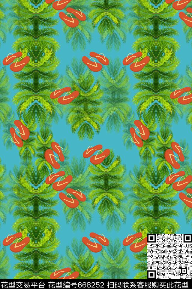 热带海滨度假棕榈叶卡通拖鞋数码印花华亿平台下载（图片编号: 668252） - 瓦栏（Walan）