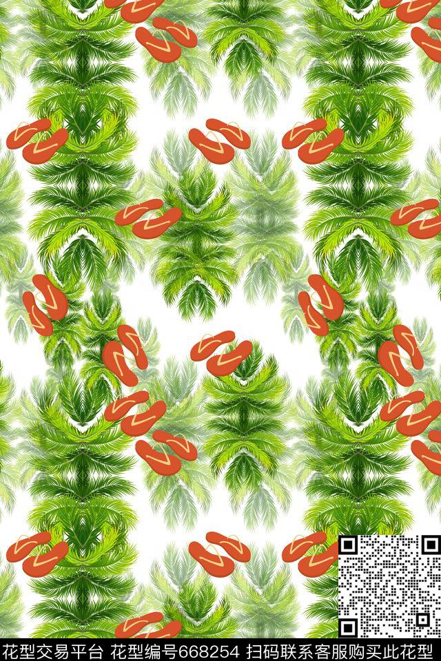 热带海滨度假棕榈叶卡通拖鞋数码印花华亿平台下载（图片编号: 668254） - 瓦栏（Walan）