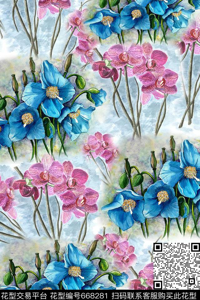 面料花兰花手绘花数码印花华亿平台下载（图片编号: 668281） - 瓦栏（Walan）