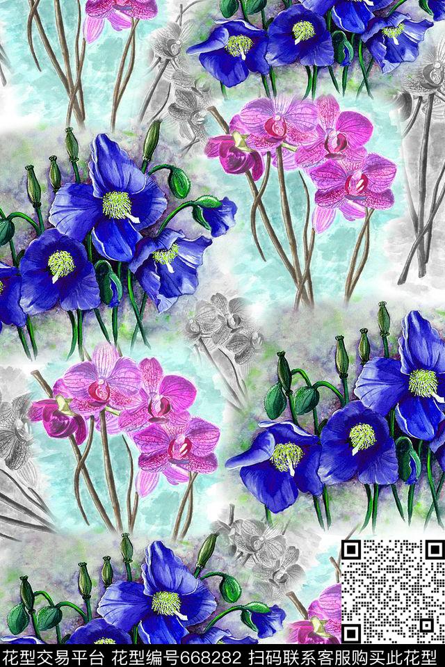 面料花兰花手绘花数码印花华亿平台下载（图片编号: 668282） - 瓦栏（Walan）