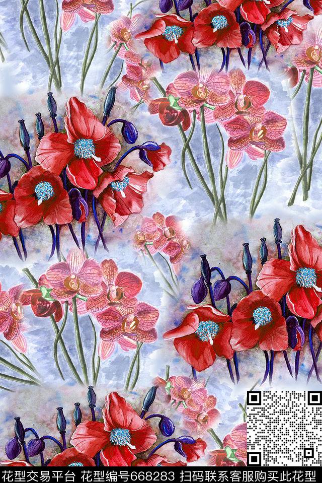面料花兰花手绘花数码印花华亿平台下载（图片编号: 668283） - 瓦栏（Walan）