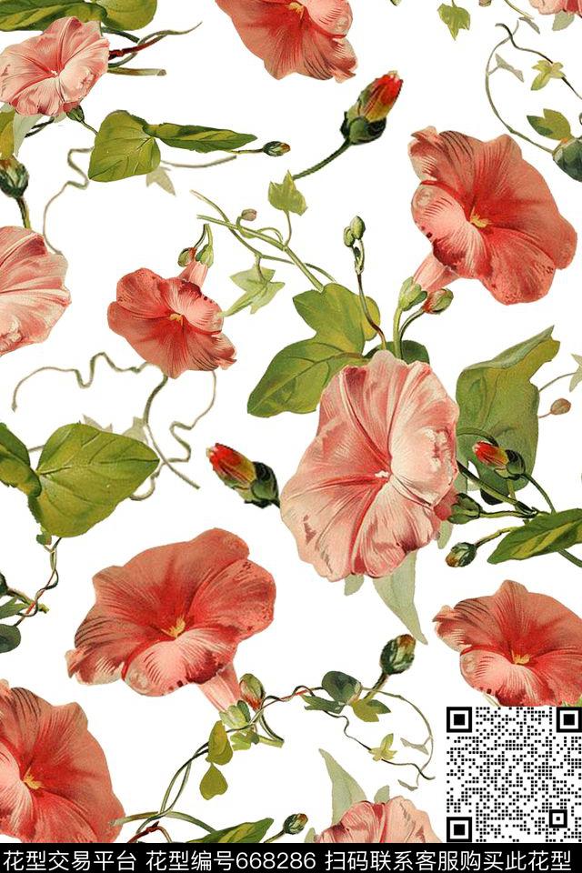 牵牛花花卉田园风数码印花华亿平台下载（图片编号: 668286） - 瓦栏（Walan）