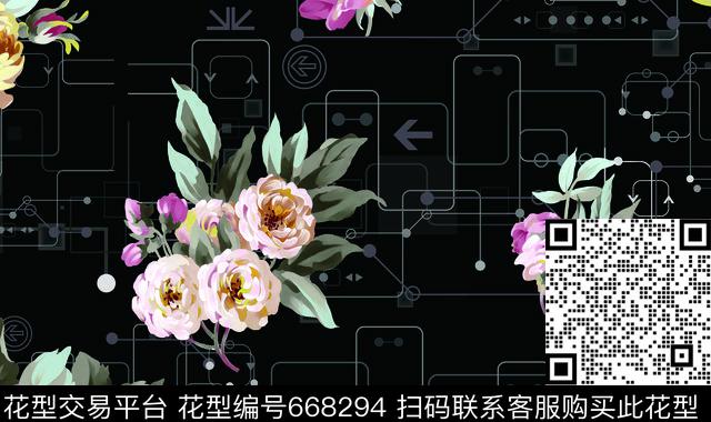 2017年女装新几何牡丹花朵数码印花华亿平台下载（图片编号: 668294） - 瓦栏（Walan）