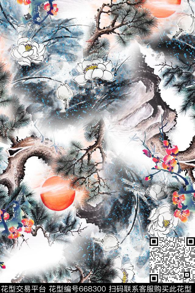 手绘国画山水数码印花华亿平台下载（图片编号: 668300） - 瓦栏（Walan）