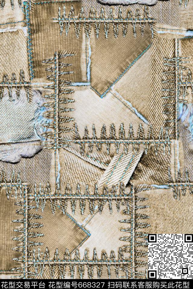 牛仔布艺拼贴破旧数码印花华亿平台下载（图片编号: 668327） - 瓦栏（Walan）