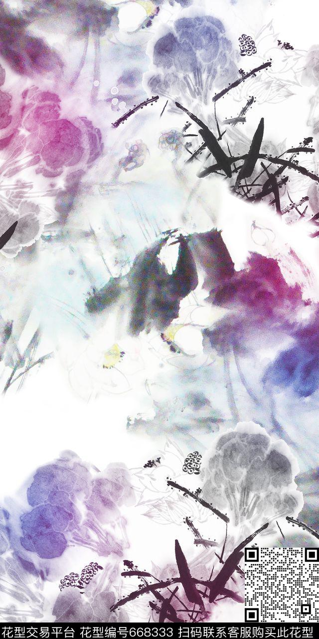 山水画水墨画风景数码印花华亿平台下载（图片编号: 668333） - 瓦栏（Walan）