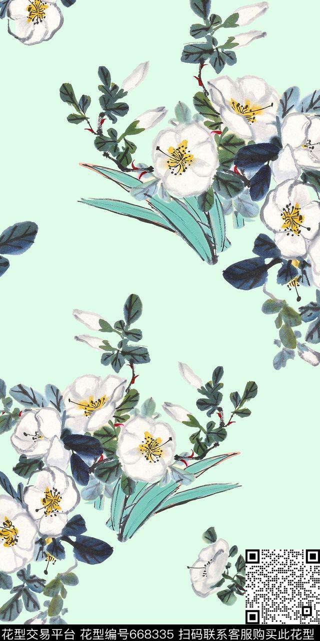 小花叶子白花数码印花华亿平台下载（图片编号: 668335） - 瓦栏（Walan）