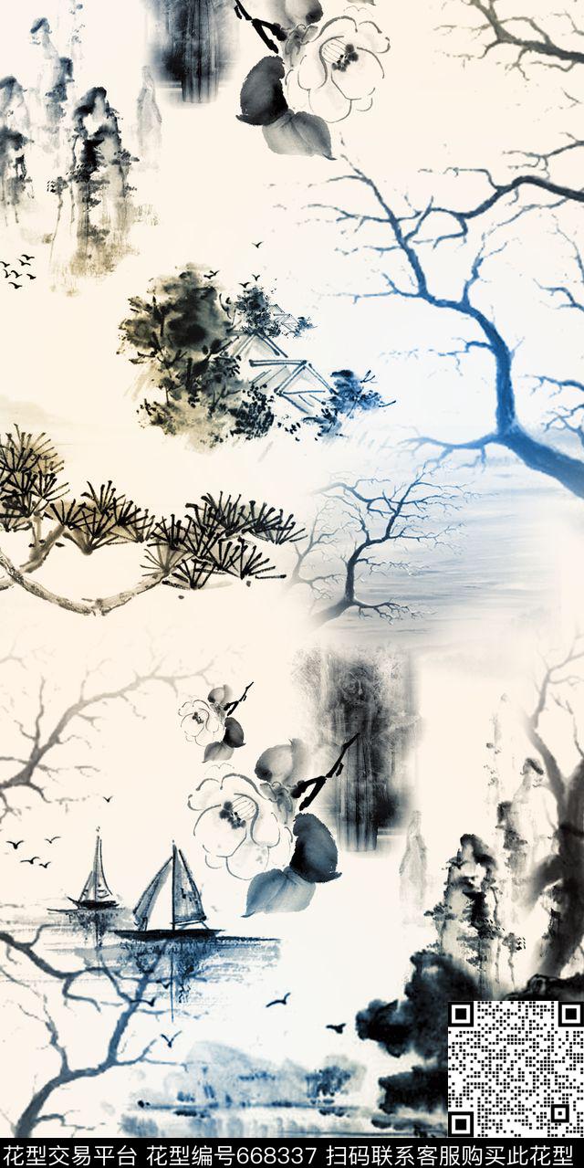 山水水墨画风景数码印花华亿平台下载（图片编号: 668337） - 瓦栏（Walan）