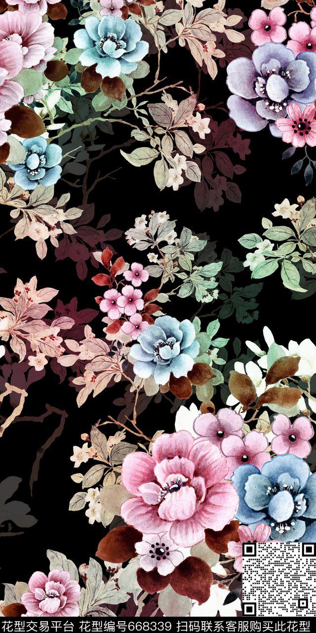 竹叶大花花朵数码印花华亿平台下载（图片编号: 668339） - 瓦栏（Walan）