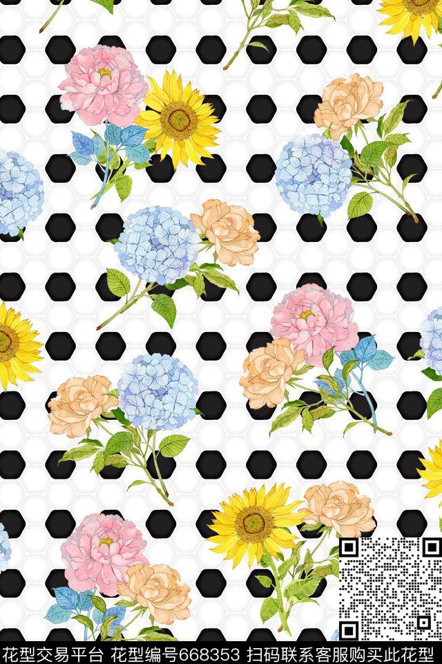 向日葵圆点小碎花数码印花华亿平台下载（图片编号: 668353） - 瓦栏（Walan）