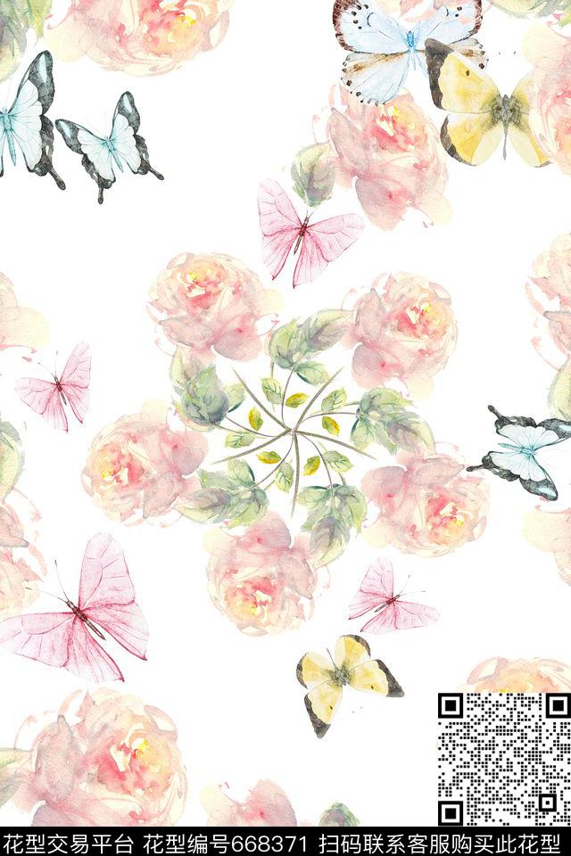 清新花卉蝴蝶传统印花华亿平台下载（图片编号: 668371） - 瓦栏（Walan）