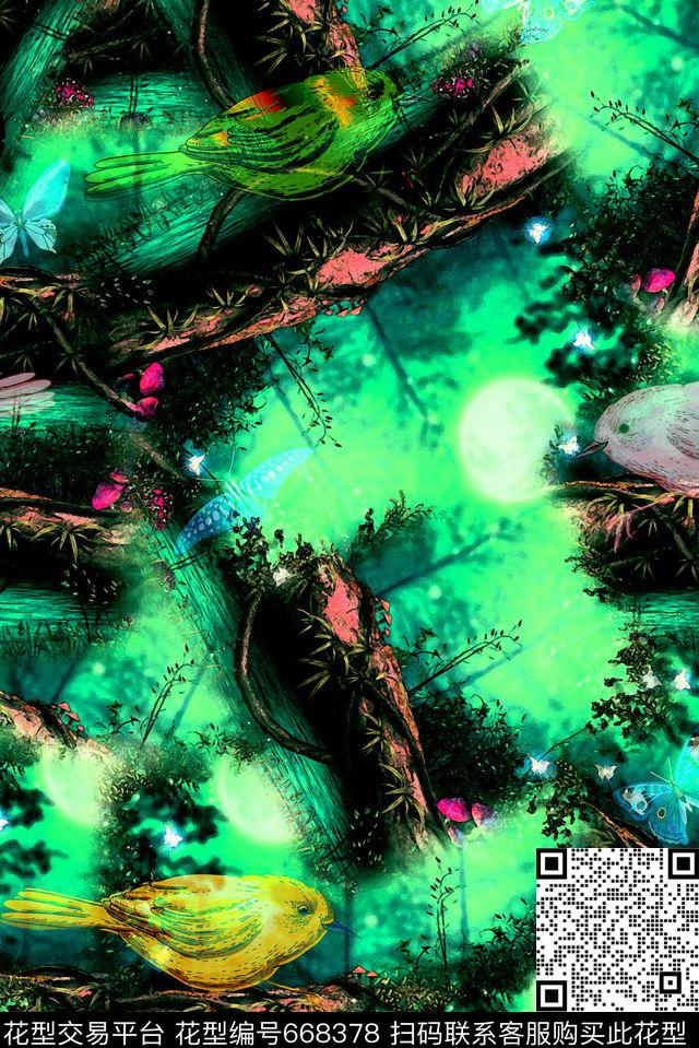 流行趋势抽象元素花鸟数码印花华亿平台下载（图片编号: 668378） - 瓦栏（Walan）