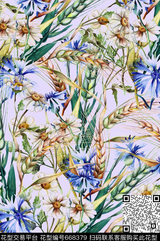 手绘麦穗花卉数码印花华亿平台下载（图片编号: 668379） - 瓦栏（Walan）
