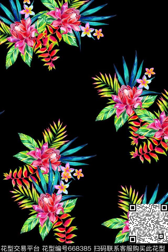 阔叶植物手绘数码印花华亿平台下载（图片编号: 668385） - 瓦栏（Walan）