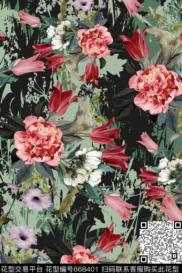手绘复古花卉数码印花华亿平台下载（图片编号: 668401） - 瓦栏（Walan）