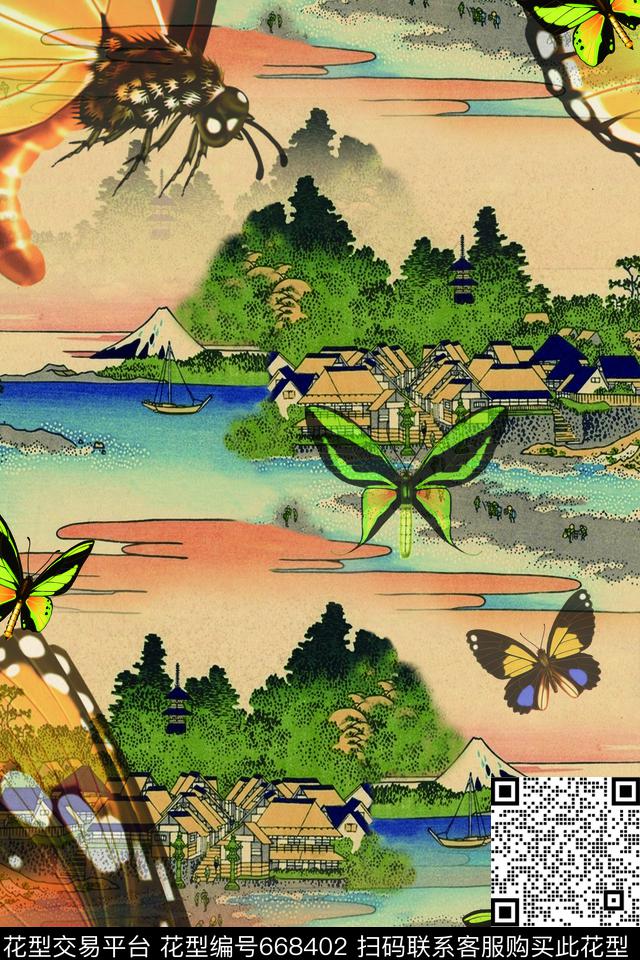 中国风复古风景数码印花华亿平台下载（图片编号: 668402） - 瓦栏（Walan）
