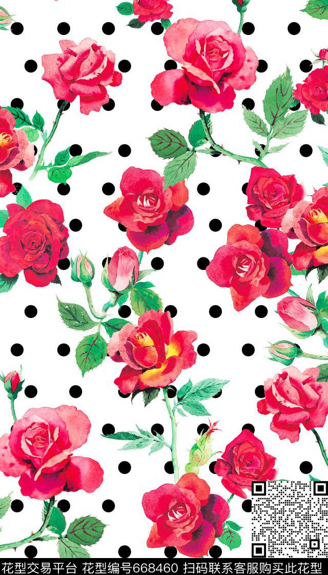 波点水彩玫瑰花清新时尚数码印花华亿平台下载（图片编号: 668460） - 瓦栏（Walan）