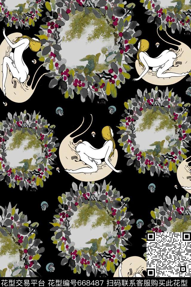 抽象人物植物几何数码印花华亿平台下载（图片编号: 668487） - 瓦栏（Walan）
