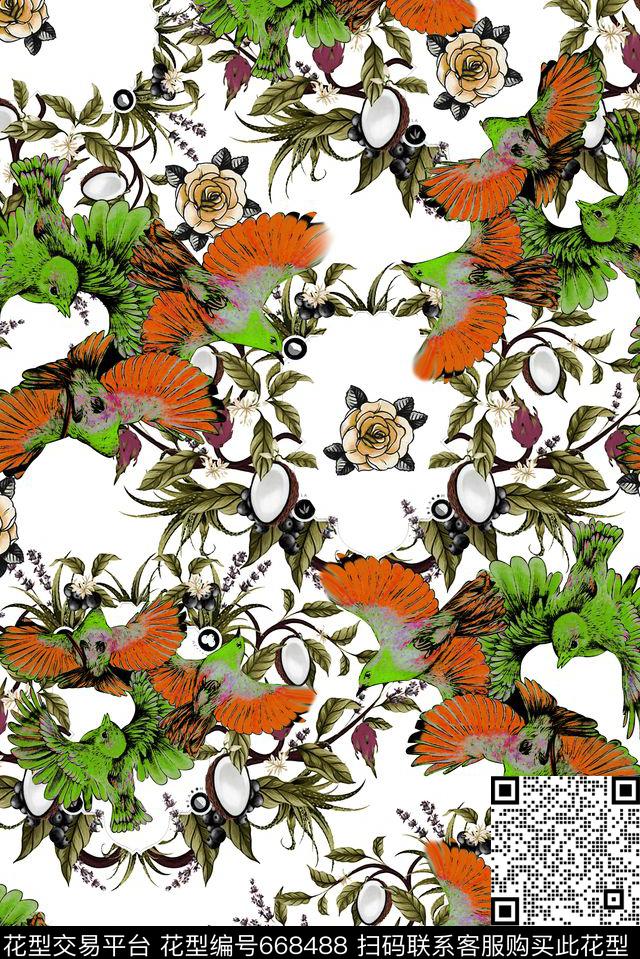 飞鸟水果花花鸟数码印花华亿平台下载（图片编号: 668488） - 瓦栏（Walan）