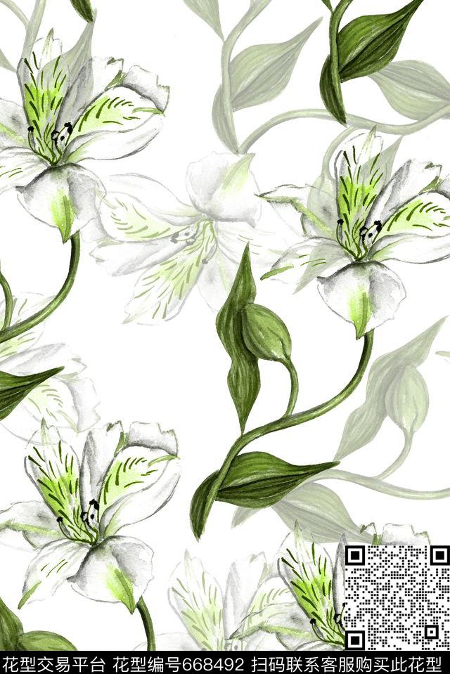 手绘花卉植物数码印花华亿平台下载（图片编号: 668492） - 瓦栏（Walan）
