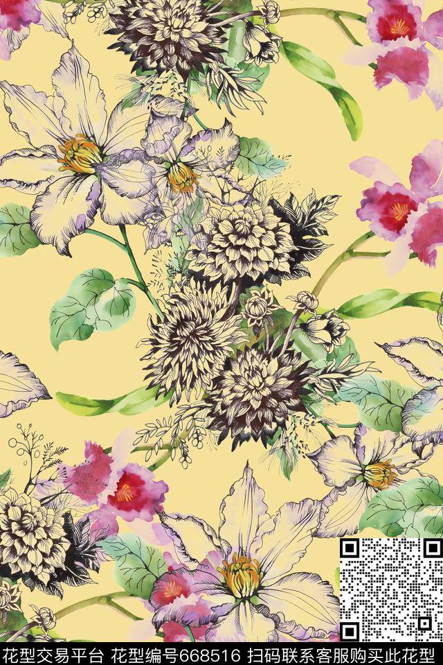 手绘透明线描数码印花华亿平台下载（图片编号: 668516） - 瓦栏（Walan）