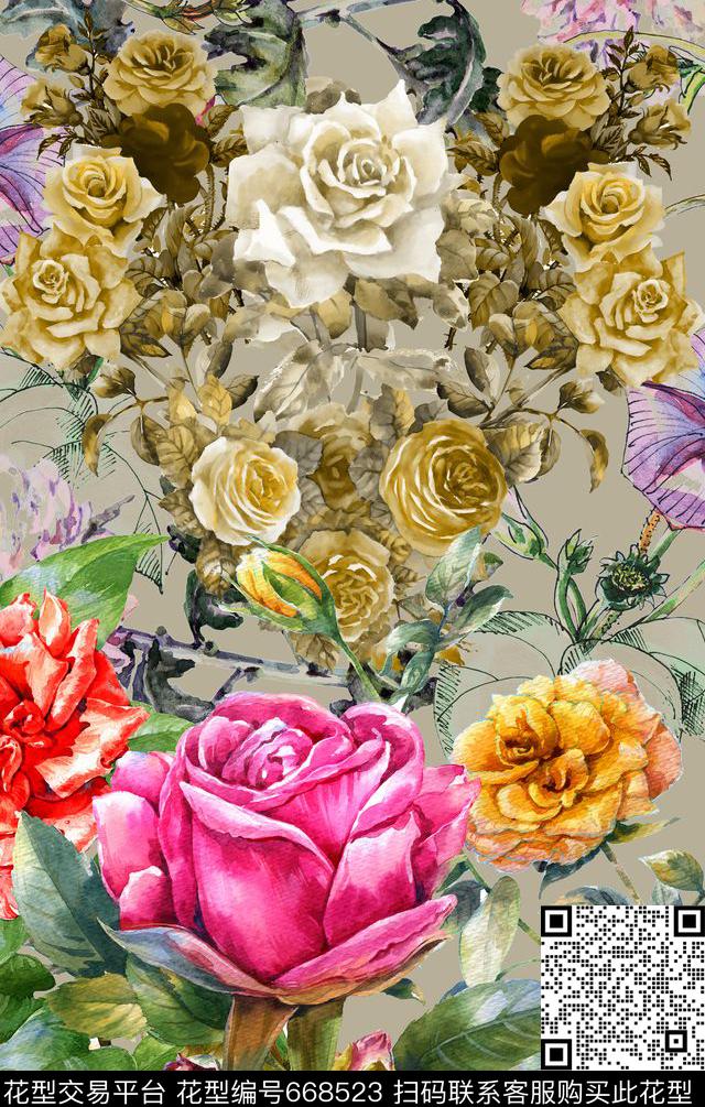 定位手绘玫瑰数码印花华亿平台下载（图片编号: 668523） - 瓦栏（Walan）