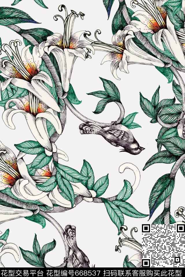 手绘花卉鸟数码印花华亿平台下载（图片编号: 668537） - 瓦栏（Walan）