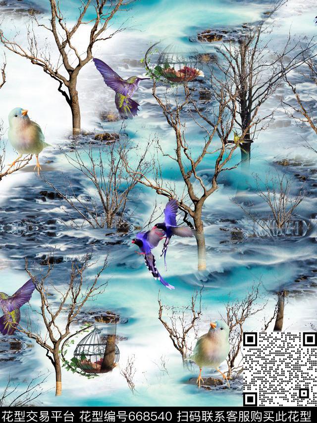 梦幻枯树小鸟数码印花华亿平台下载（图片编号: 668540） - 瓦栏（Walan）