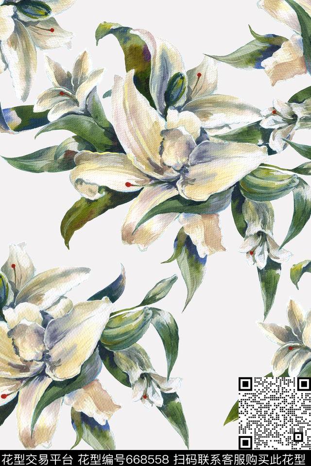 大朵手绘淡雅数码印花华亿平台下载（图片编号: 668558） - 瓦栏（Walan）